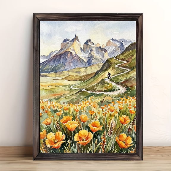 Mountain Hiking Valley Framed Wall Art, Solid Wood Frame Orange Wildflower Watercolor Print, Nature Scenic Artwork for Bedroom Office Home Decor, 12x16in