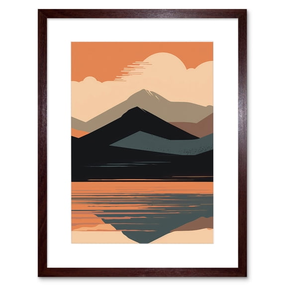 Mountain Hills Reflection in Lake Boho Landscape Artwork Framed Wall Art Print 9X7 Inch