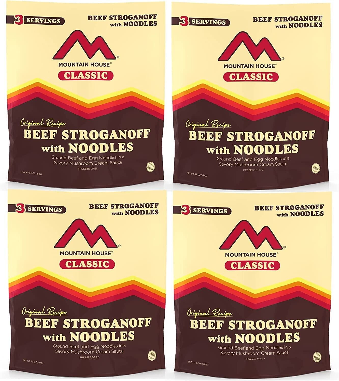 Mountain House Classic Beef Stroganoff with Noodles | 30 Years Long Shelf Life Freeze Dried Backpacking & Camping Food | 12 Servings- 4 Pouches