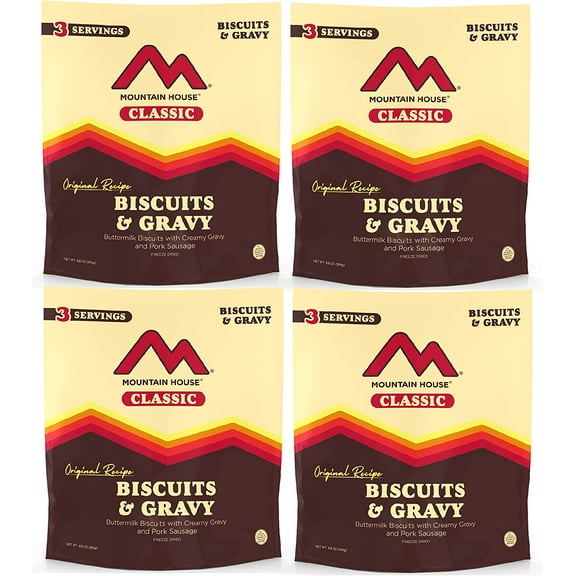 Mountain House Classic Biscuits & Gravy with 12 Servings | 30 Years Long Shelf Life Freeze Dried Portable Backpacking & Camping Food | Survival & Emergency Food- 4 Pouches