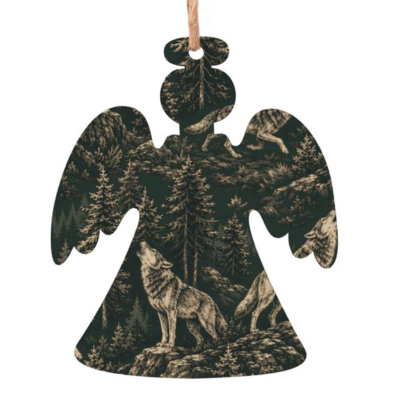 Mountain Howl Wolf Wooden Christmas Ornament Angel Shape,Xmas Tree Hanging Decoration 6 PCS