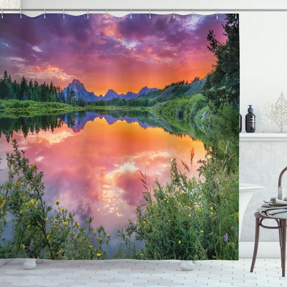 Ambesonne Nature Shower Curtain, Sunset Reflection River, 69"Wx70"L, Orange Green Purple