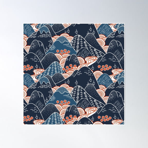Mountain Kimono Fabric Pattern Poster Wall Art, Modern Wall Decor, 16x16 UNFRAMED