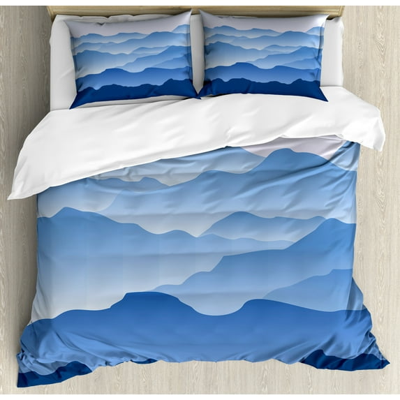Mountain King Size Duvet Cover Set, Nature Theme A Panoramic Silhouette of the Mountains in the Morning Illustration Print, Decorative 3 Piece Bedding Set with 2 Pillow Shams, Blue, by Ambesonne