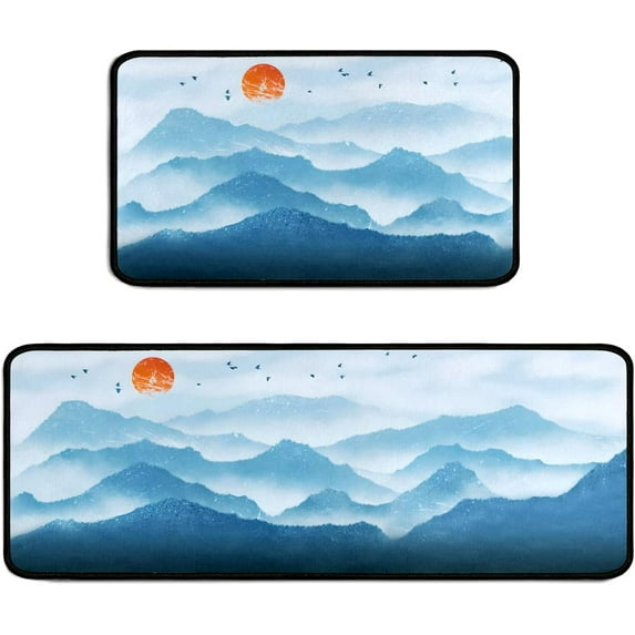 Mountain Kitchen Rugs Set of 2s, Blue Washable Non-Slip Kitchen Sink Decor Carpet, Home Water Absorb Microfiber Cushioned Kitchen Floor Standing Mats 17"x47"+17"x30"