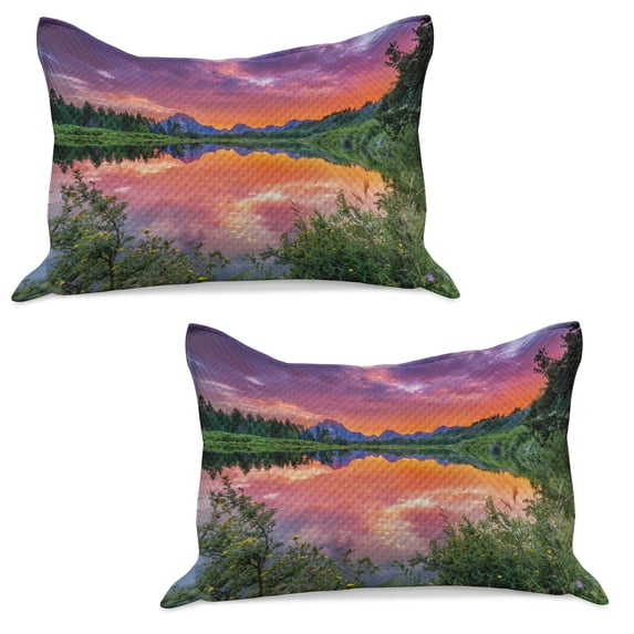 Mountain Knitted Quilt Pillowcover Set of 2, Colorful Sunset Reflection on River Nature Meadow in Wyoming Photography, Standard Queen Pillow Sham Bedroom, 30" x 20", Orange Green Purple, by Ambesonne