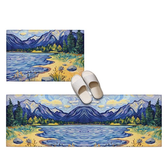 Mountain Lake 2 Pieces Non-Slip Kitchen Mat Set, Oil Painted Rock Shore Wild Grass Soft Door Mat with Rubber Backing, Dirtproof Rugs for Entrance Doorway, 19.7x31.5in+19.7x47.2in