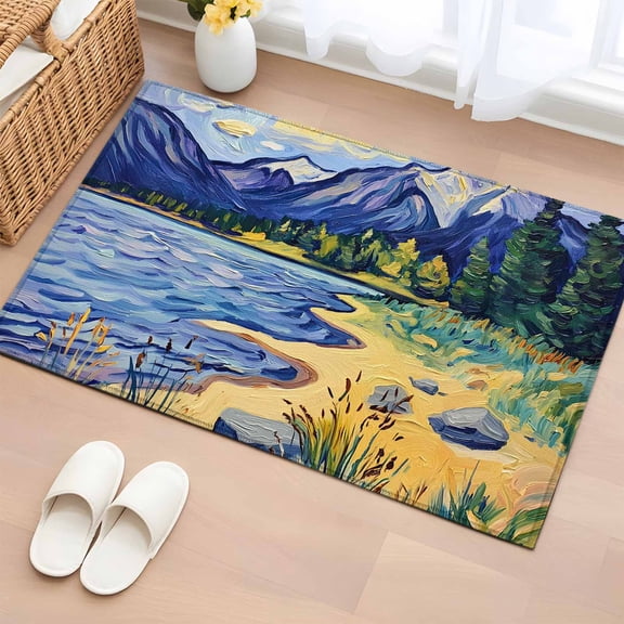 Mountain Lake 2'x3' Rug for Entryway Front Door Kitchen Sink Area, Oil Painted Rock Shore Wild Grass Low Pile Washable Non Slip Rectangle Area Rug