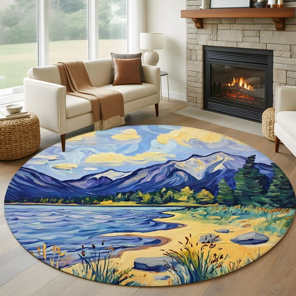 Mountain Lake 7' Round Rug for Living Room Conversation Area, Oil Painted Rock Shore Wild Grass Washable Non Slip Large Circle Area Rug