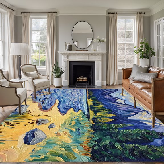 Mountain Lake 8'x10' Large Area Rug for Living Room Sectional Sofa, Oil Painted Rock Shore Wild Grass Washable Non Slip Low Pile Rectangle Area Rug