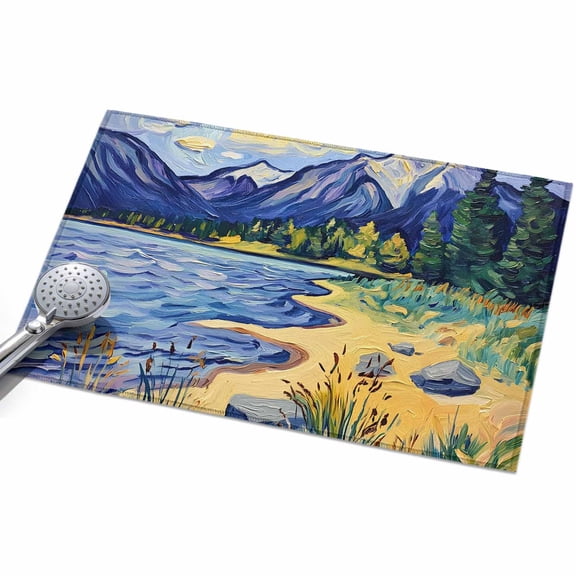Mountain Lake Area Rug, Oil Painted Rock Shore Wild Grass Non-Slip Felt Rubber Backing Rectangle Indoor Carpet Washable Rugs for Living Room Bedroom 2x3ft