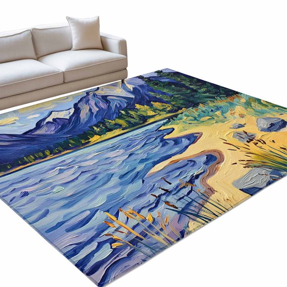 Mountain Lake Area Rug, Oil Painted Rock Shore Wild Grass Non-Slip Felt Rubber Backing Rectangle Indoor Carpet Washable Rugs for Living Room Bedroom 9x12