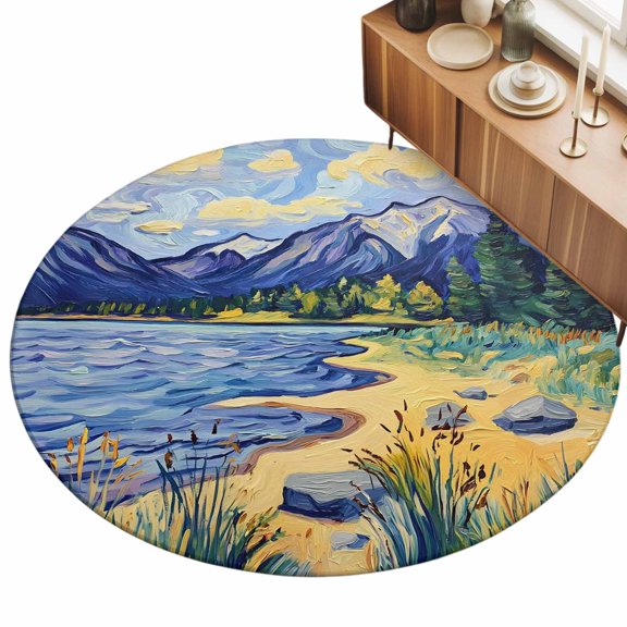 Mountain Lake Area Rug, Oil Painted Rock Shore Wild Grass Non-Slip Felt Rubber Backing Round Indoor Carpet Washable Rugs for Living Room Bedroom 4ft