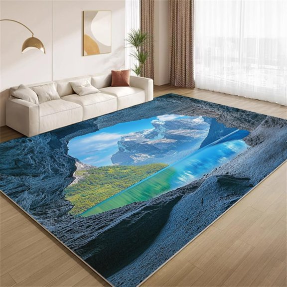 Mountain Lake Area Rugs, Snow Mountain Lake Rock Cave Landscape Carpet, Washable Non Slip Low Pile Soft Rug for Living Room Bedroom Decor Mat 2ftx3ft