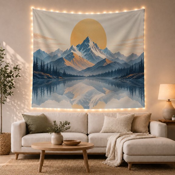 Mountain Lake Around with Circular Moon Directly Behind, Mystical Fantasy for Space Lovers, Galaxy Room Decor, Housewarming Gift, Tapestry Wall Hanging for Bedroom and Dorm