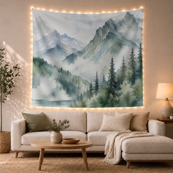 Mountain Lake Atmospheric with Foreground Middle Ground Forest, Mystical Fantasy for Space Lovers, Galaxy Room Decor, Housewarming Gift, Tapestry Wall Hanging for Bedroom and Dorm