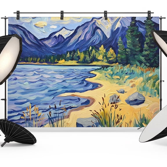 Mountain Lake Backdrop for Photography, Oil Painted Rock Shore Wild Grass Photo Backdrop Portrait Background Party Banner Photo Backgrounds for Studio Booth Props, 7x5ft