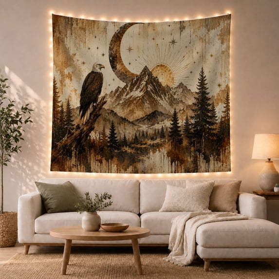 Mountain Lake Bald with Eagle Perched Gnarled Branch, Mystical Fantasy for Space Lovers, Galaxy Room Decor, Housewarming Gift, Tapestry Wall Hanging for Bedroom and Dorm