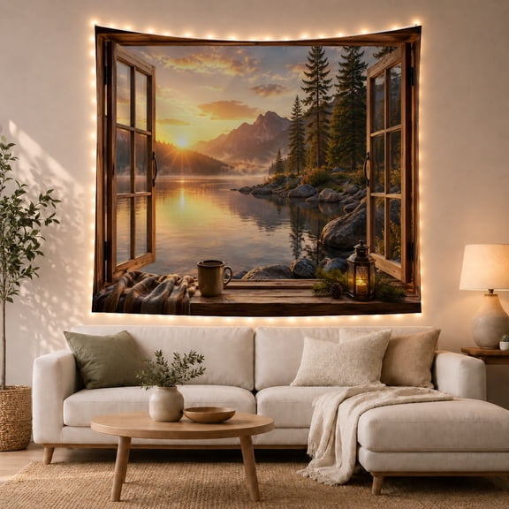Mountain Lake Beside Evergreen Trees at Sunset, Peaceful Rustic for Nature Lovers, Wilderness Wall Art, Housewarming Gift, Tapestry Wall Hanging for Bedroom and Living Room