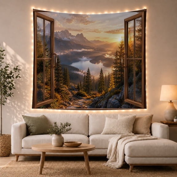 Mountain Lake Beyond an Open Window, Peaceful Digital Art for Nature Lovers, Alpine Landscape Decor, Housewarming Gift, Tapestry Wall Hanging for Bedroom and Living Room