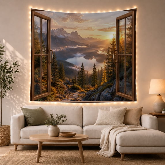 Mountain Lake Beyond an Open Window, Peaceful Digital Art for Nature Lovers, Alpine Landscape Decor, Housewarming Gift, Tapestry Wall Hanging for Bedroom and Living Room