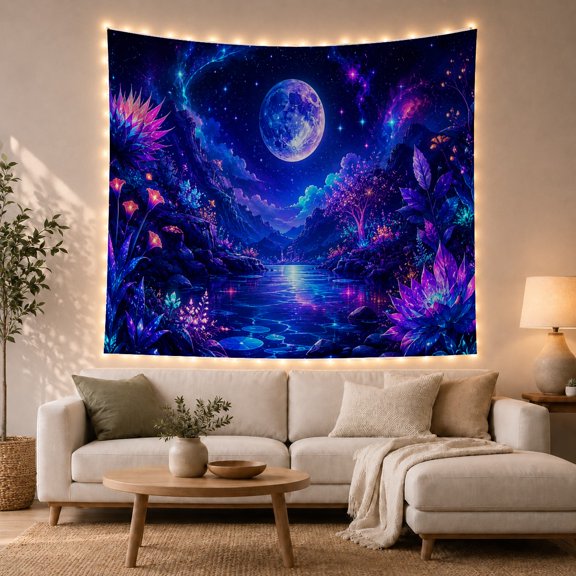 Mountain Lake Bioluminescent with Cosmic Night Textured Full, Mystical Fantasy for Space Lovers, Galaxy Room Decor, Mother'S Day Gift, Tapestry Wall Hanging for Bedroom and Dorm