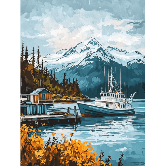 Mountain Lake Boat Canvas Wall Art Print，Suitable for Living Room，Bedroom，Office，Bathroom，Kitchen Decoration.