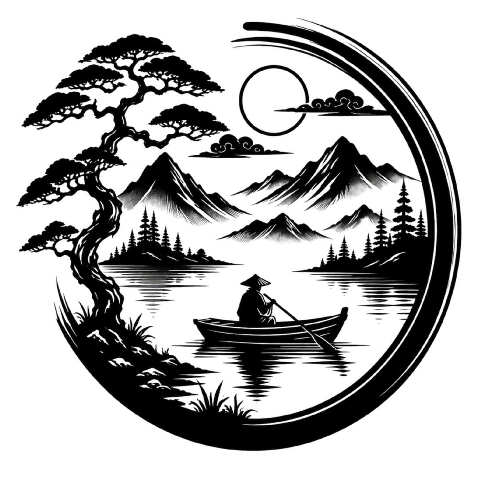 Mountain Lake Boat Circle Metal Wall Art Decor, Black Iron Wall