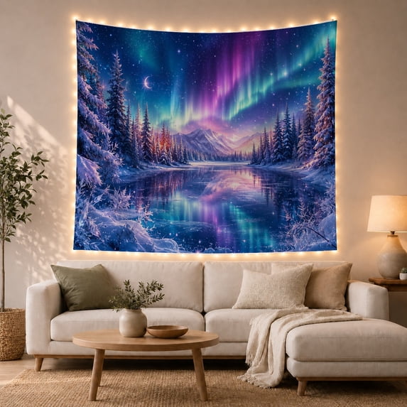 Mountain Lake Breathtaking with Nocturnal Dominated Aurora, Mystical Fantasy for Space Lovers, Aesthetic Wall Decor, Christmas Gift, Tapestry Wall Hanging for Dorm and Living Room