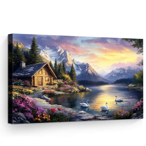 Aec Tech Landscape Mountain Lake Cabin Canvas Wall Art, Log Cabin by Lake with White Swans ...