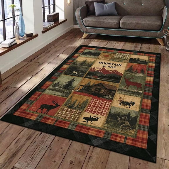 Mountain Lake Cabin Plaid Patchwork Rustic Area Rug