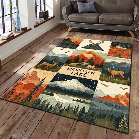 Mountain Lake Cabin Plaid Patchwork Rustic Area Rug