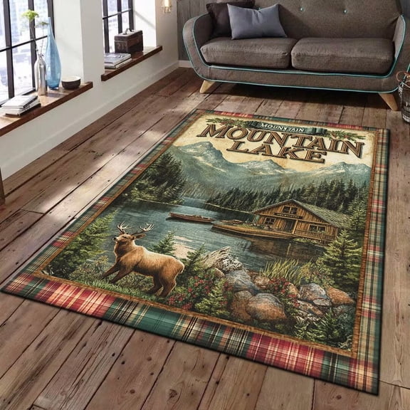 Mountain Lake Cabin Plaid Patchwork Rustic Area Rug