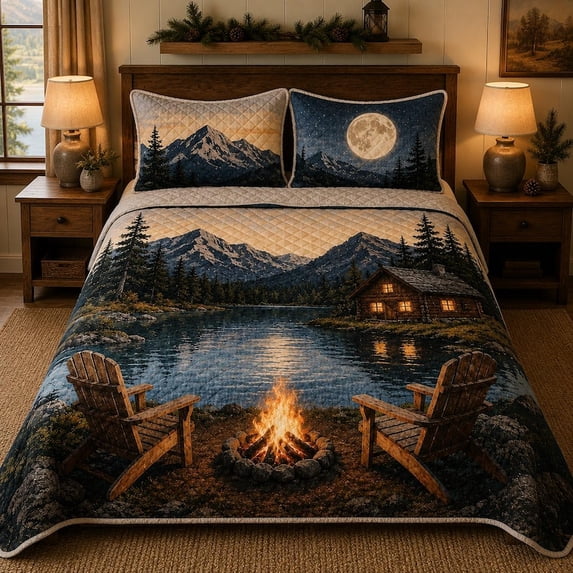 Mountain Lake Cabin Quilt, Quilted Bedding Set, Campfire Forest ...