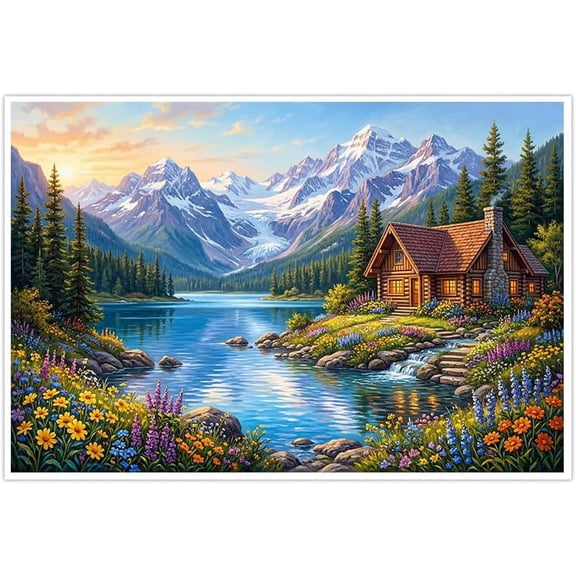 Mountain Lake Canvas Wall Art Pictures Snow Capped Peaks Log Cabin Forest Trees Peaceful Nature Landscape Art Print for Living Room Bedroom Home Decor Decorations
