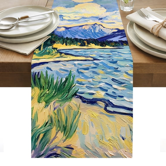 Mountain Lake Cotton Linen Table Runner Oil Painted Coastal Sandy Beach Pine Tree Dining Table Runners for Home Decor Party Dining Room Restaurant Kitchen Party 13" x 36"