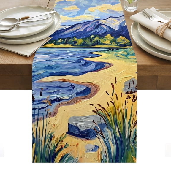 Mountain Lake Cotton Linen Table Runner Oil Painted Rock Shore Wild Grass Dining Table Runners for Home Decor Party Dining Room Restaurant Kitchen Party 13" x 36"