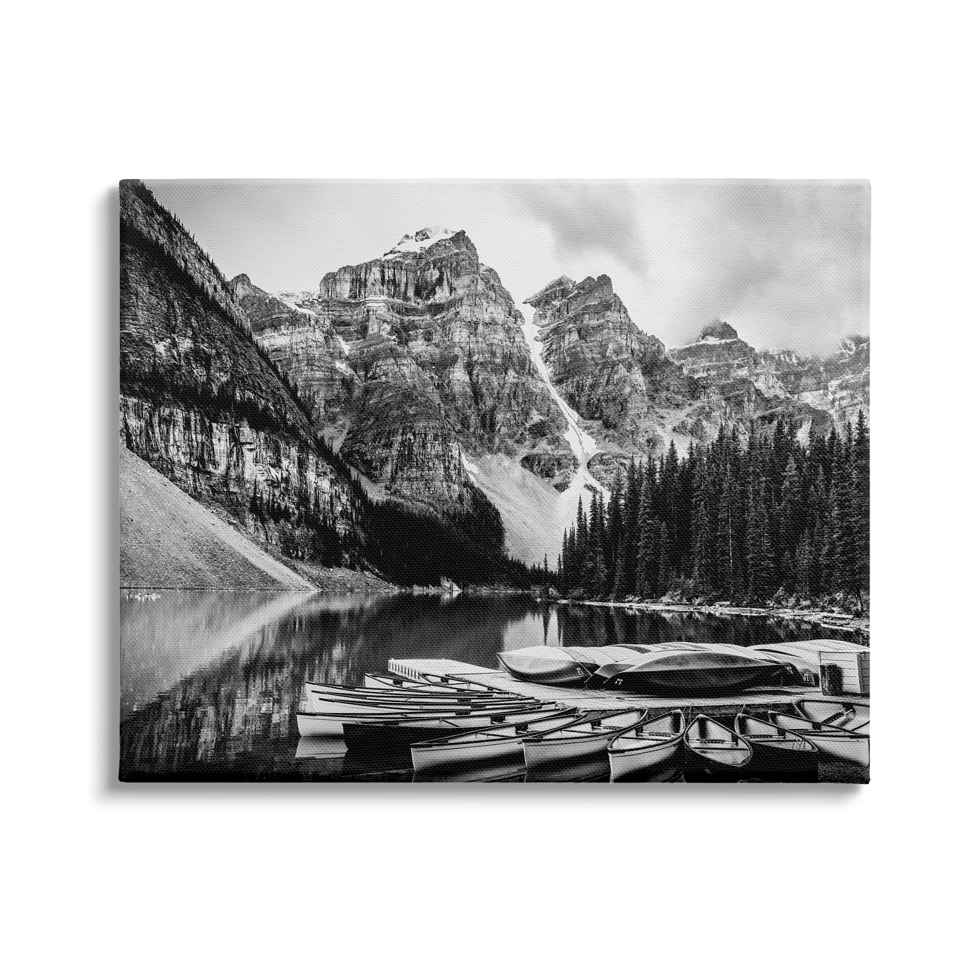 Mountain Lake Dock Rowboats 20 in x 16 in Photography Canvas Art Print, by Stupell Home Décor