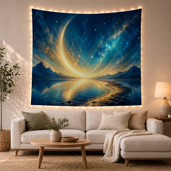 Mountain Lake Dominated with Luminous Crescent Moon Upper, Mystical Fantasy for Space Lovers, Galaxy Room Decor, Housewarming Gift, Tapestry Wall Hanging for Bedroom and Dorm