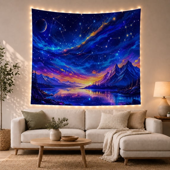 Mountain Lake Fantastical with Night Swirling Dynamic Dominates, Mystical Fantasy for Space Lovers, Galaxy Room Decor, Graduation Gift, Tapestry Wall Hanging for Bedroom and Dorm