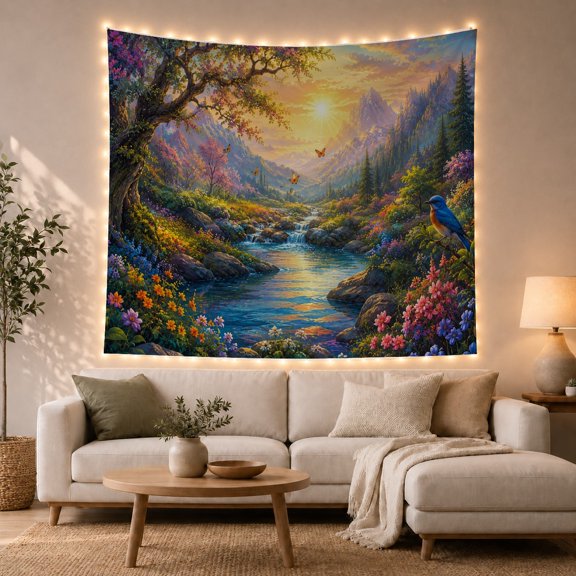 Mountain Lake Fantastical with River Valley Hour Crystal, Spooky Gothic for Gothic Decor Fans, Dark Art Decor, Halloween Gift, Tapestry Wall Hanging for Bedroom and Dorm