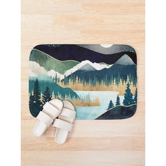 Mountain Lake Forest Bath Mat, Celestial Nature Bathroom Rug, Blue Teal Landscape Floor Mat, 15.7 x 23.6 in or 19.7 x 31.5 in