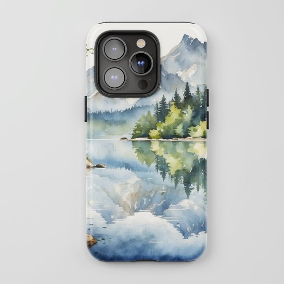 Mountain Lake Forest For All iPhone Series Protective Phone Case Watercolor Landscape Blue Green