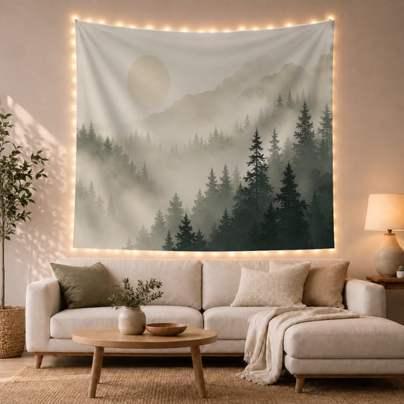 Mountain Lake Forest with Main Stand Evergreen Trees, Mystical Fantasy for Space Lovers, Galaxy Room Decor, Housewarming Gift, Tapestry Wall Hanging for Bedroom and Dorm