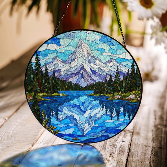 Mountain Lake Forest Scene Glass Suncatcher, Nature Window Decor, 6.3 in