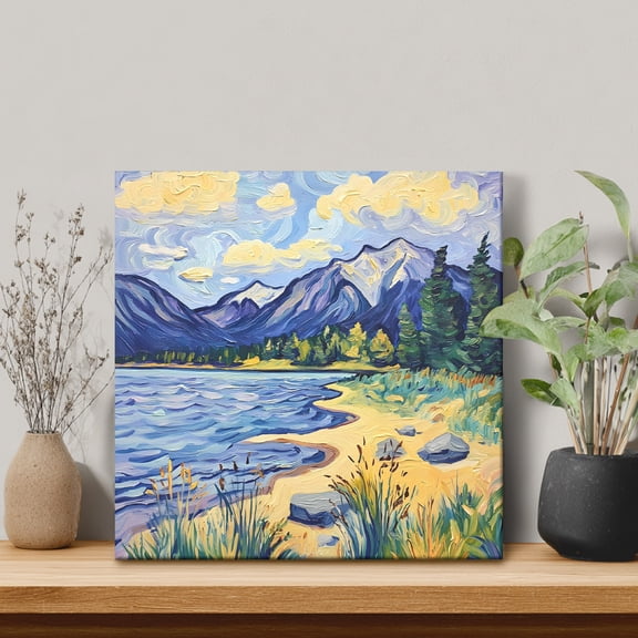 Mountain Lake Framed Canvas Wall Art, Oil Painted Rock Shore Wild Grass Wall Art Painting for Living Room Bedroom Home Decor, 8”x8”, Office Artwork Print