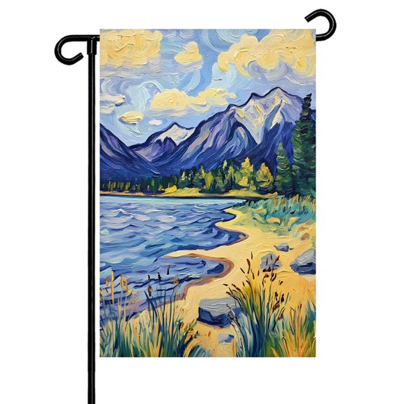 Mountain Lake Garden Flag 12x18 Inch Oil Painted Rock Shore Wild Grass Double Sided Small Decorative Garden Flags for Outside, Outdoor Yard Porch Lawn Decoration