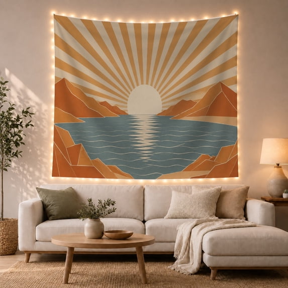 Mountain Lake Geometric with Pale Circular Horizon Radiating, Mystical Fantasy for Space Lovers, Galaxy Room Decor, Housewarming Gift, Tapestry Wall Hanging for Bedroom and Dorm