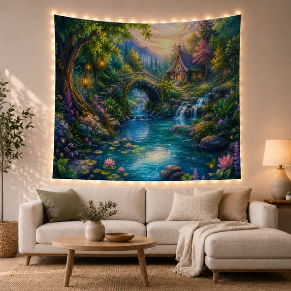 Mountain Lake Idyllic with Woodland River Sunset Dominating, Mystical Fantasy for Space Lovers, Galaxy Room Decor, Mother'S Day Gift, Tapestry Wall Hanging for Bedroom and Dorm