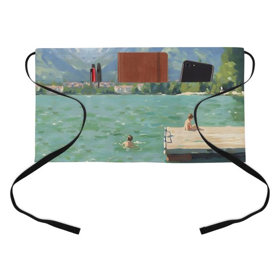 Mountain Lake Kitchen Restaurant Half Waist Apron, Coastal Beige Wooden Dock Green Distant Peaks Server Short Apron with 3 Pockets Waterproof Oil Waist Aprons for Women Waitress Waiter